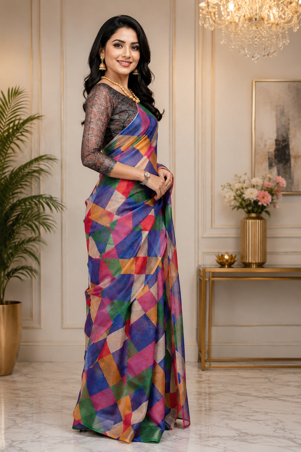 Multicolor Printed Chanderi Cotton Ready-to-Wear Saree