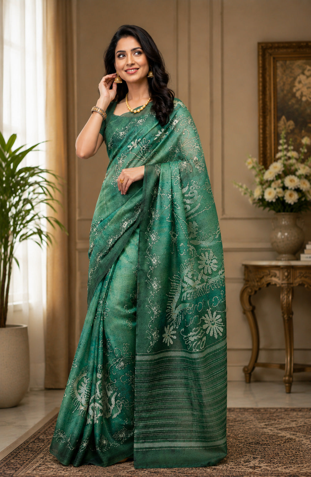 Green printed Chanderi Cotton ready-to-wear saree with matching unstitched blouse