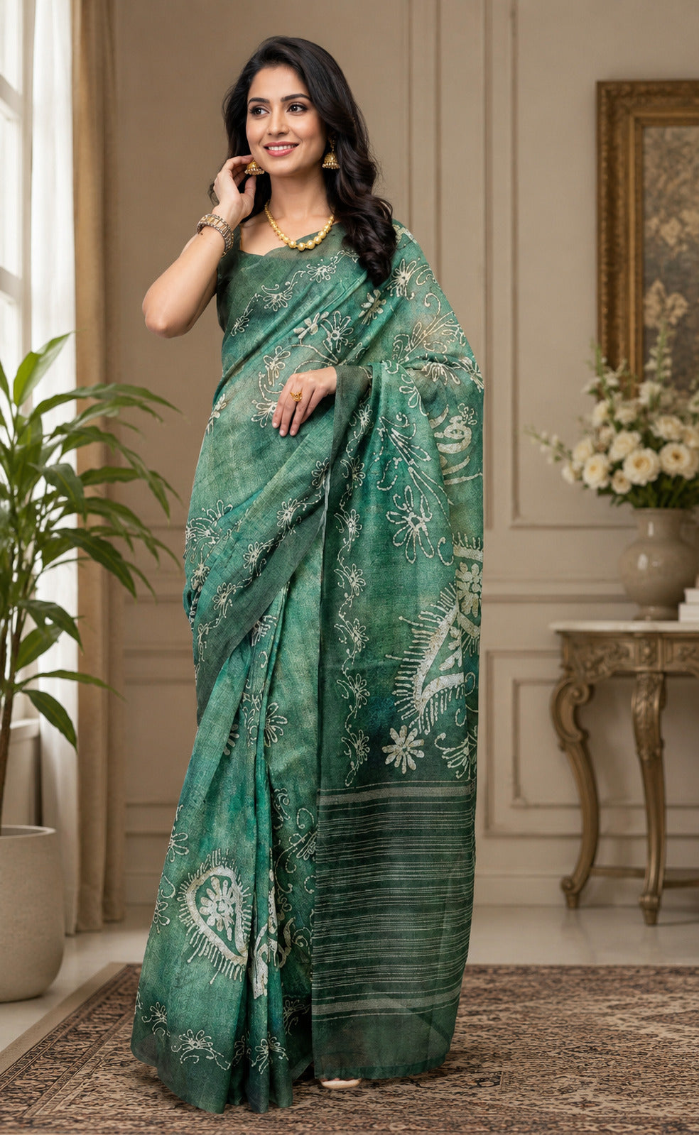 Green Printed Chanderi Cotton Ready-to-Wear Saree with Blouse