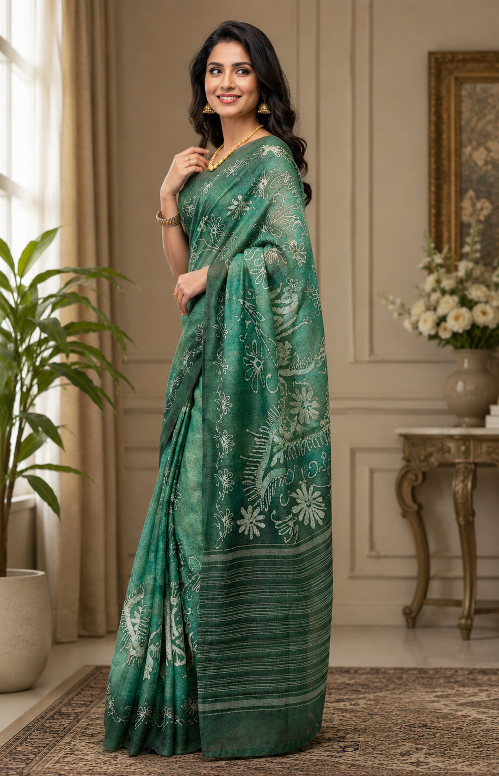 Green Printed Chanderi Cotton Ready-to-Wear Saree with Blouse