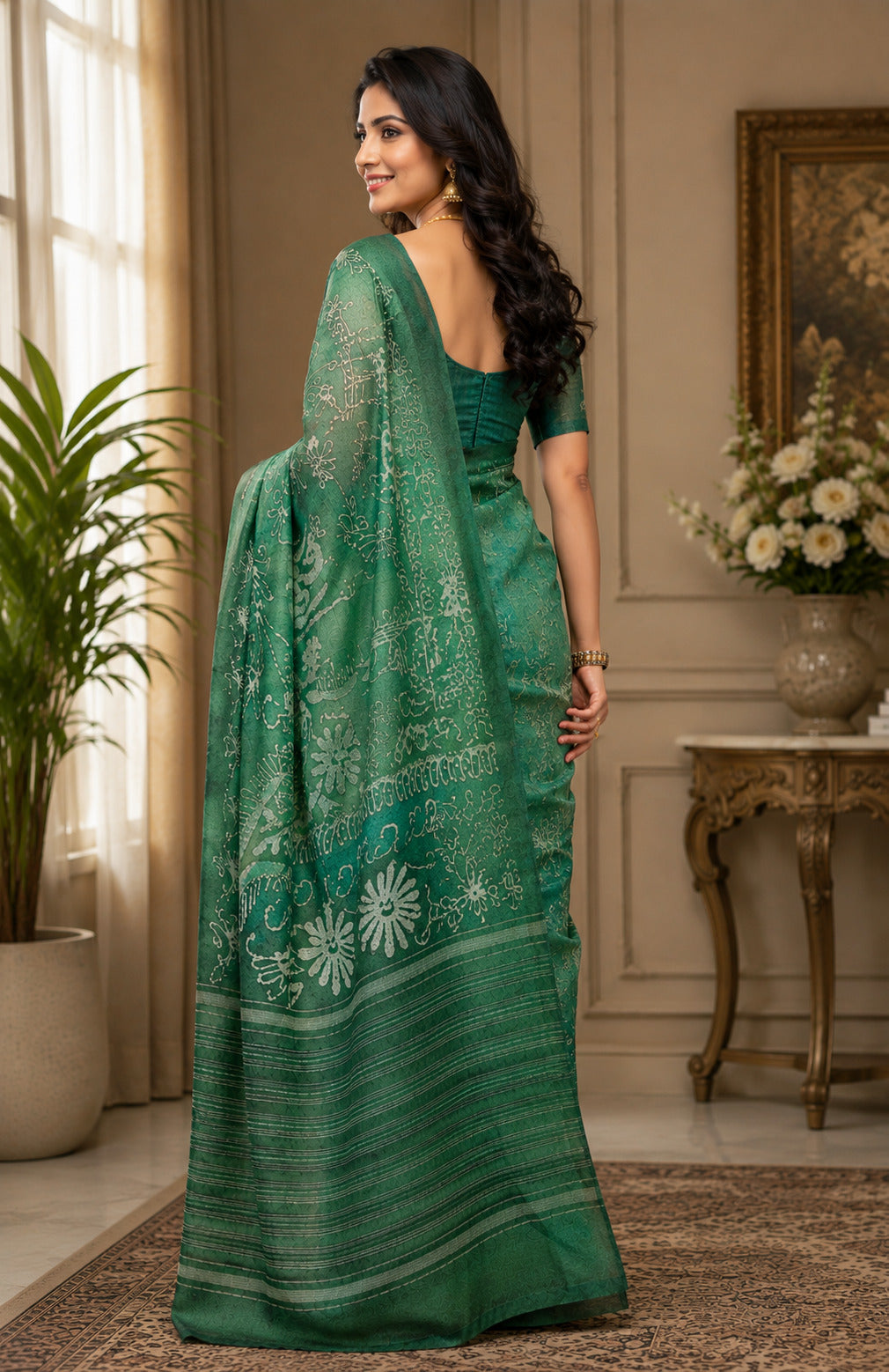 Green Printed Chanderi Cotton Ready-to-Wear Saree with Blouse