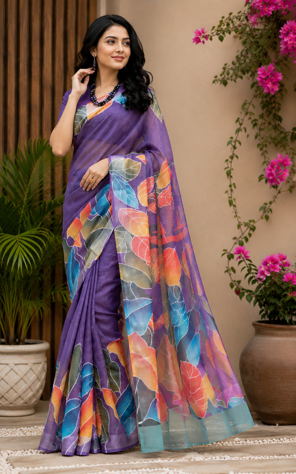Purple printed ready-to-wear Chanderi Cotton saree with unstitched blouse piece