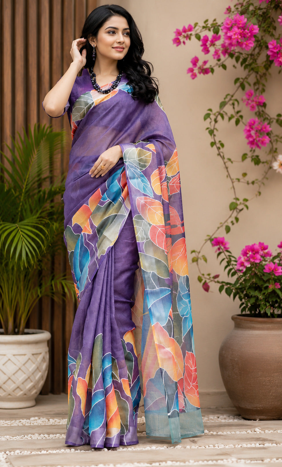 Purple Printed Ready-to-Wear Saree with Unstitched Blouse Piece