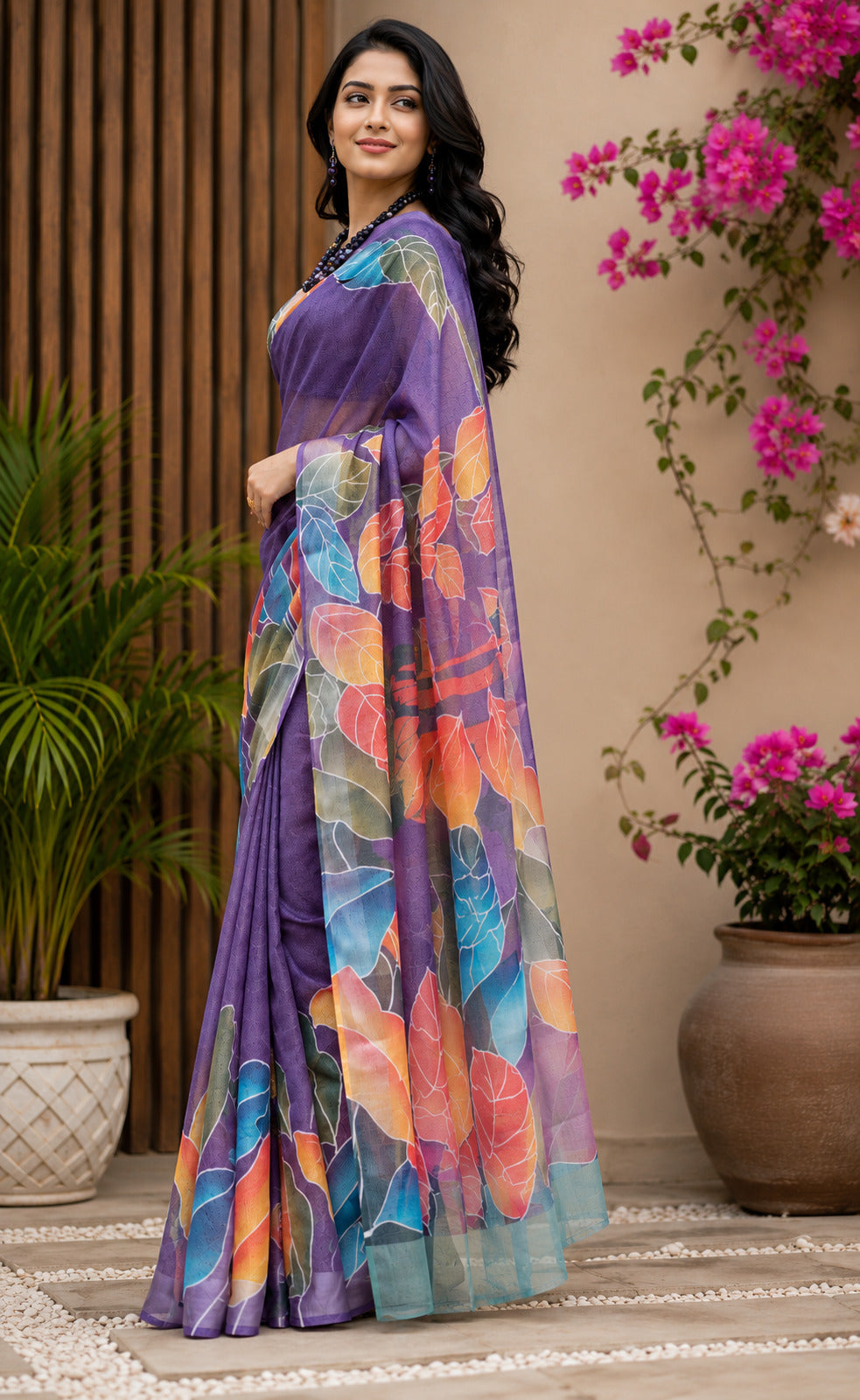 Purple Printed Ready-to-Wear Saree with Unstitched Blouse Piece