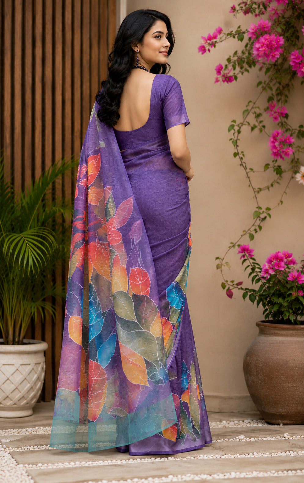 Purple Printed Ready-to-Wear Saree with Unstitched Blouse Piece