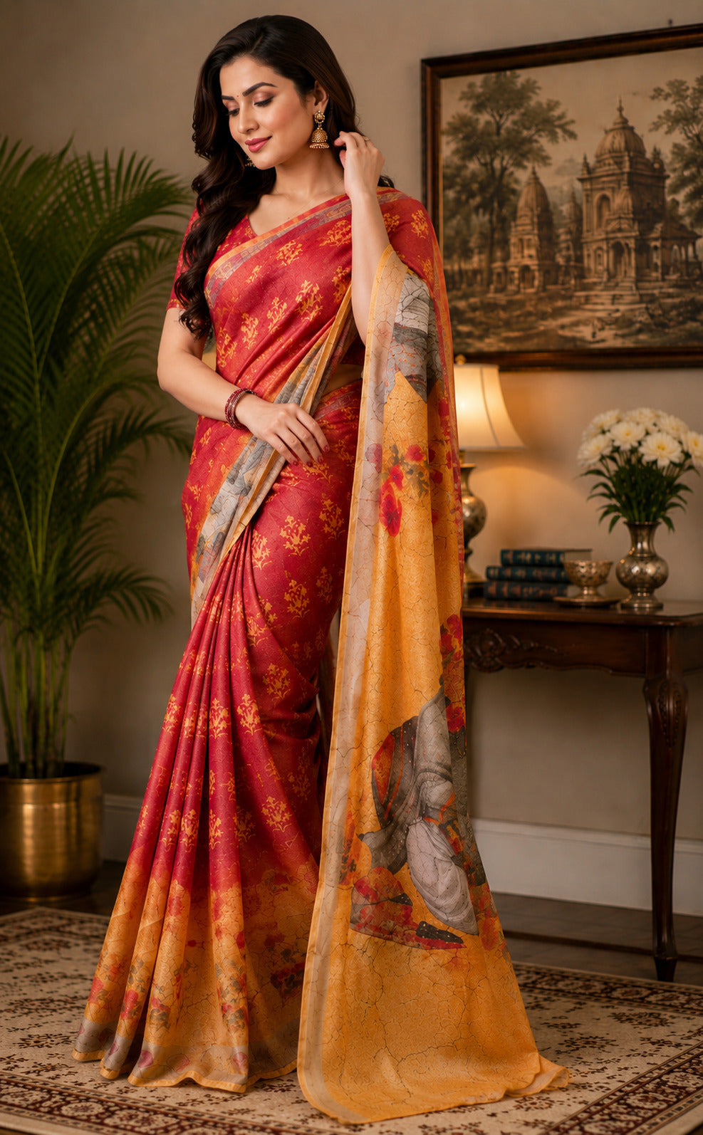 Red printed Chanderi cotton ready-to-wear saree with unstitched blouse fabric