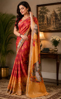 Red printed Chanderi cotton ready-to-wear saree with unstitched blouse fabric