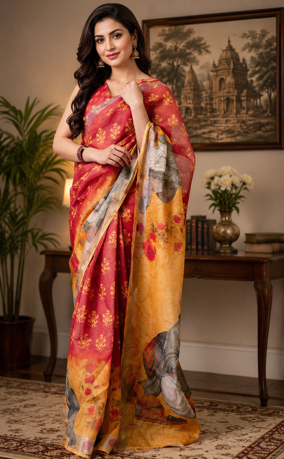 Red Printed Chanderi Cotton Ready to Wear Saree with Unstitched Blouse