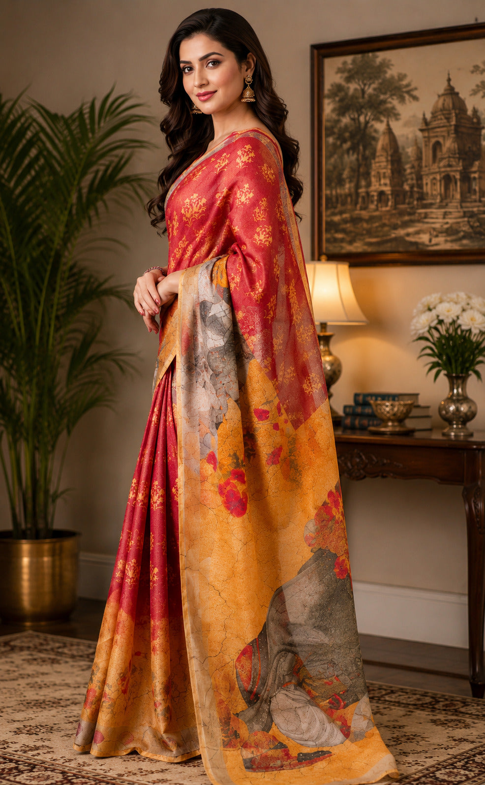 Red Printed Chanderi Cotton Ready to Wear Saree with Unstitched Blouse