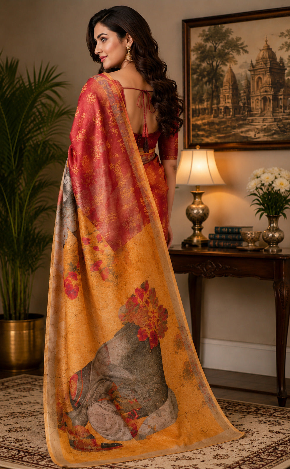 Red Printed Chanderi Cotton Ready to Wear Saree with Unstitched Blouse