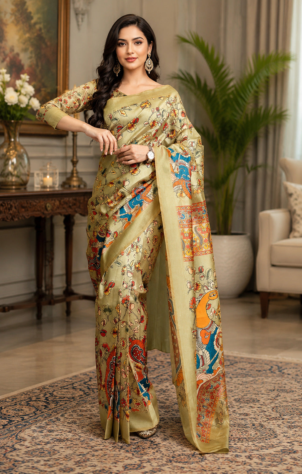 Golden Printed Linen Ready To Wear Party Saree