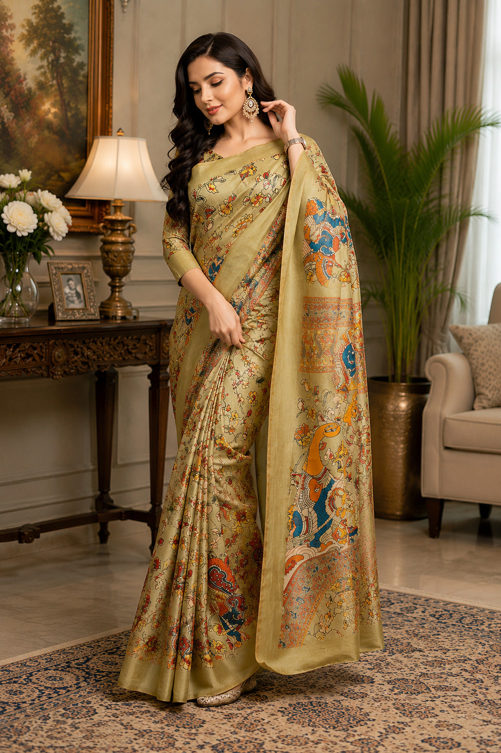 Golden printed ready-to-wear saree in Chanderi Cotton fabric