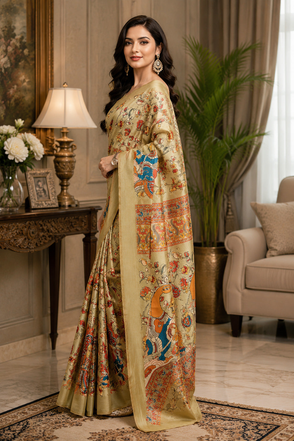 Golden Printed Linen Ready To Wear Party Saree