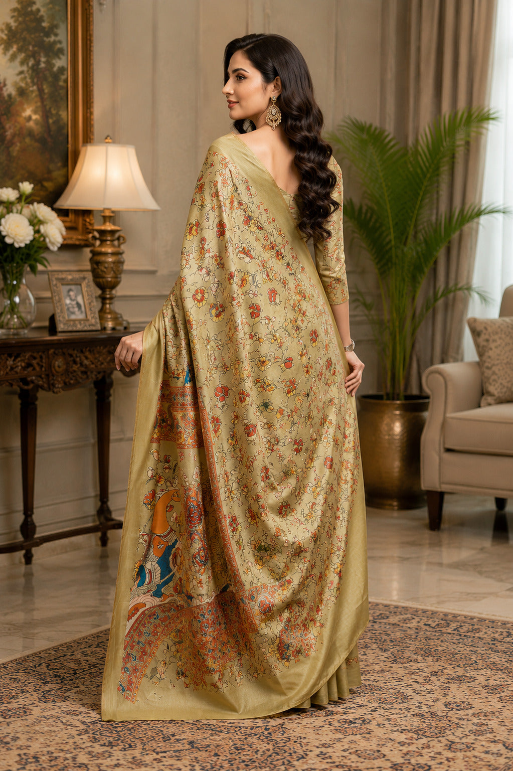 Golden Printed Linen Ready To Wear Party Saree