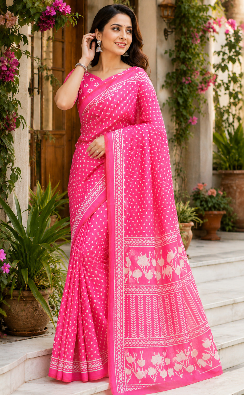 Pink printed ready-to-wear saree in Chanderi Cotton