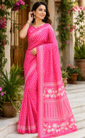 Pink printed ready-to-wear saree in Chanderi Cotton