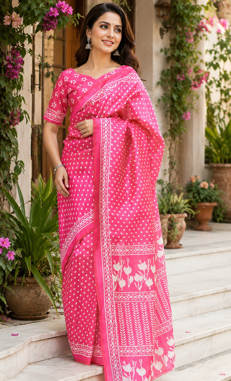 Pink Printed Linen Ready To Wear Party Saree