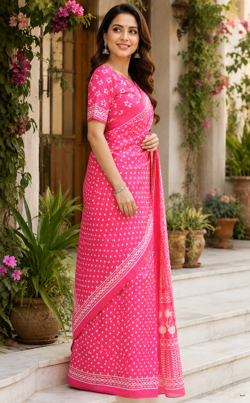 Pink Printed Linen Ready To Wear Party Saree