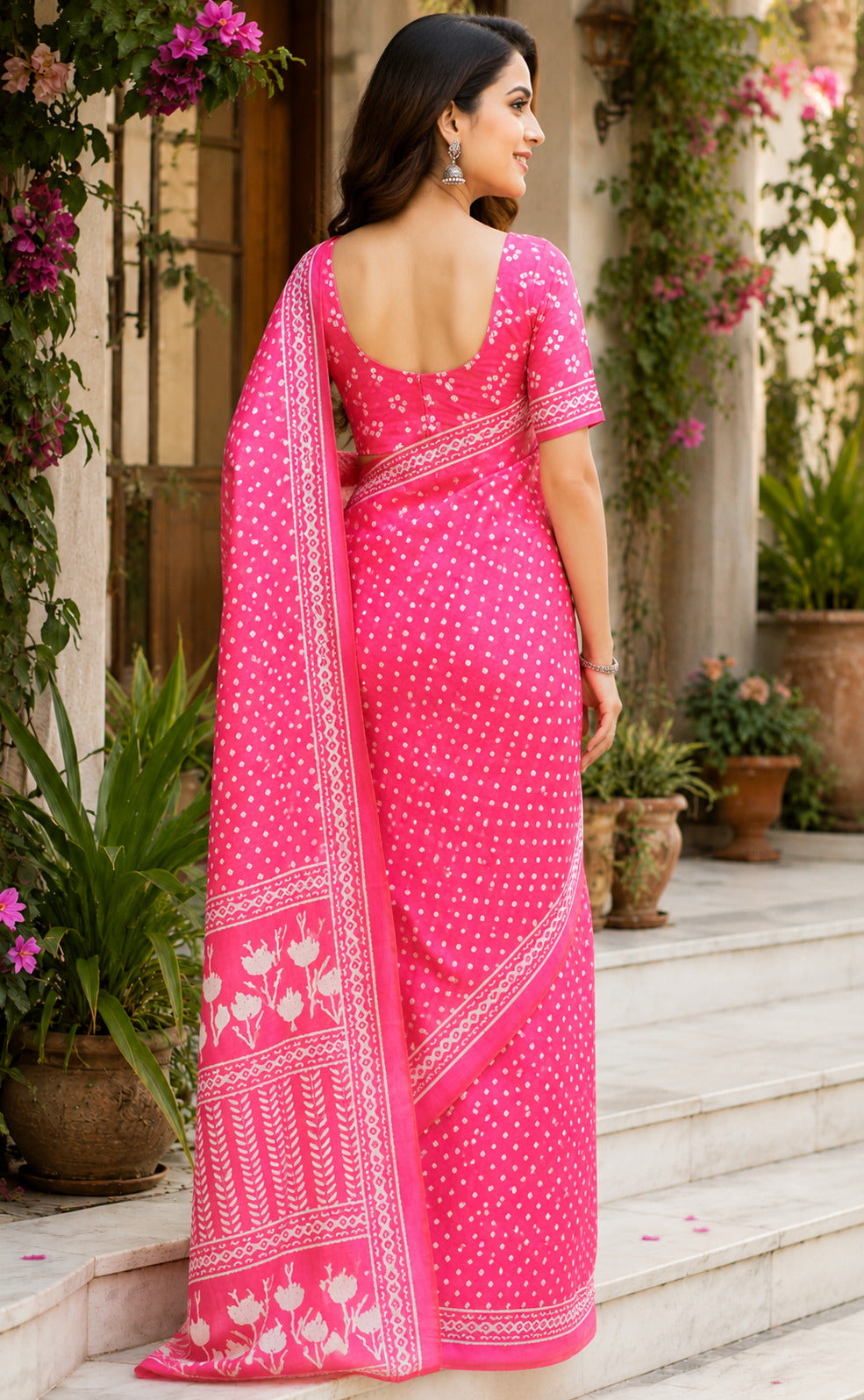 Pink Printed Linen Ready To Wear Party Saree