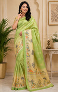 Mint Green printed ready to wear saree in Chanderi Cotton with unstitched blouse piece