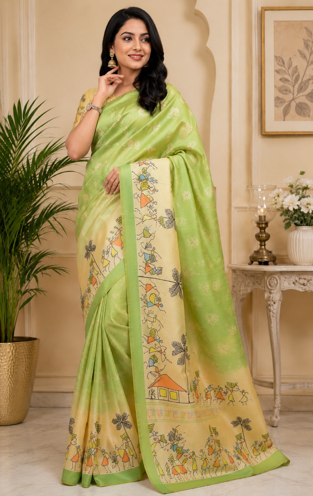 Mint Green printed ready to wear saree in Chanderi Cotton with unstitched blouse piece