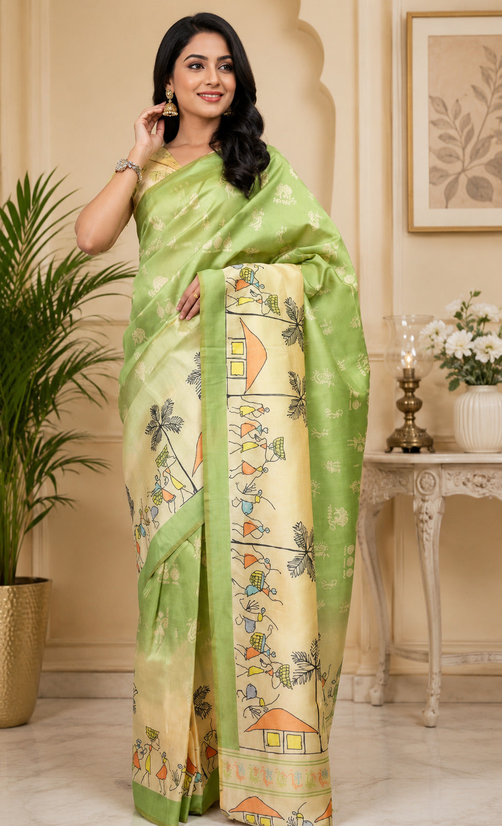Mint Green Printed Ready To Wear Saree with Unstitched Blouse