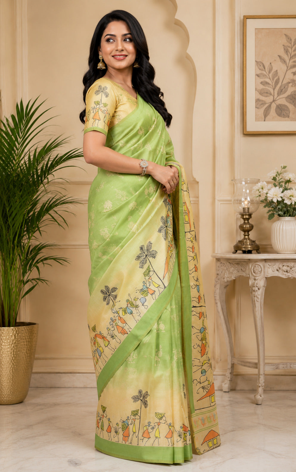 Mint Green Printed Ready To Wear Saree with Unstitched Blouse