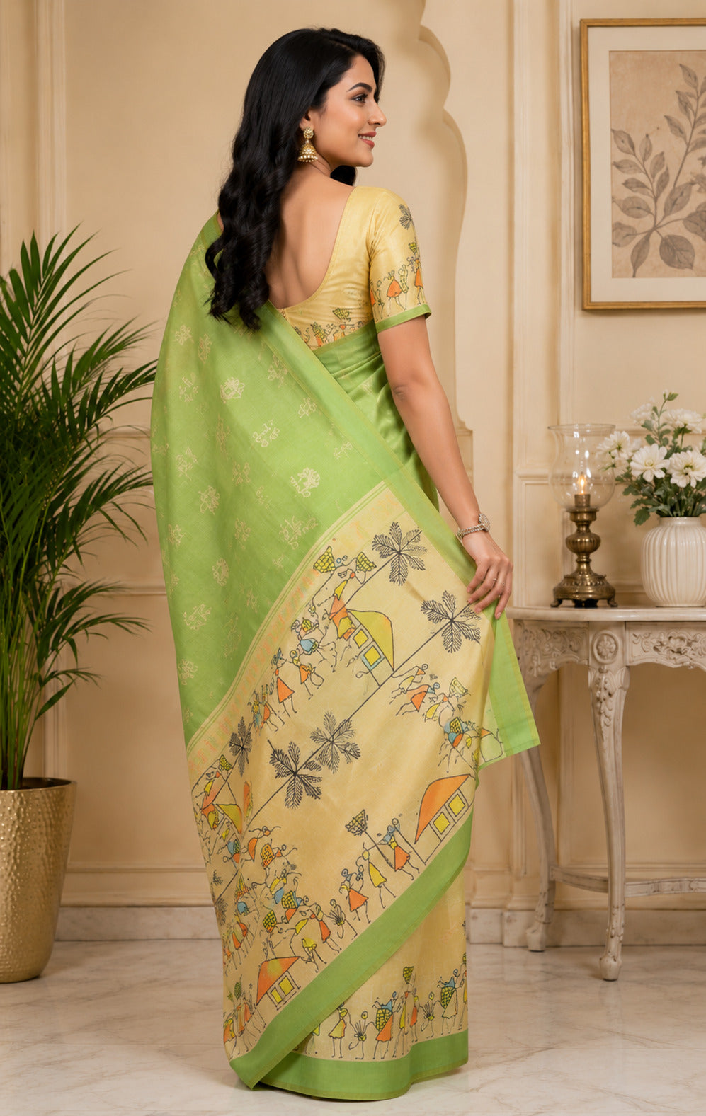 Mint Green Printed Ready To Wear Saree with Unstitched Blouse