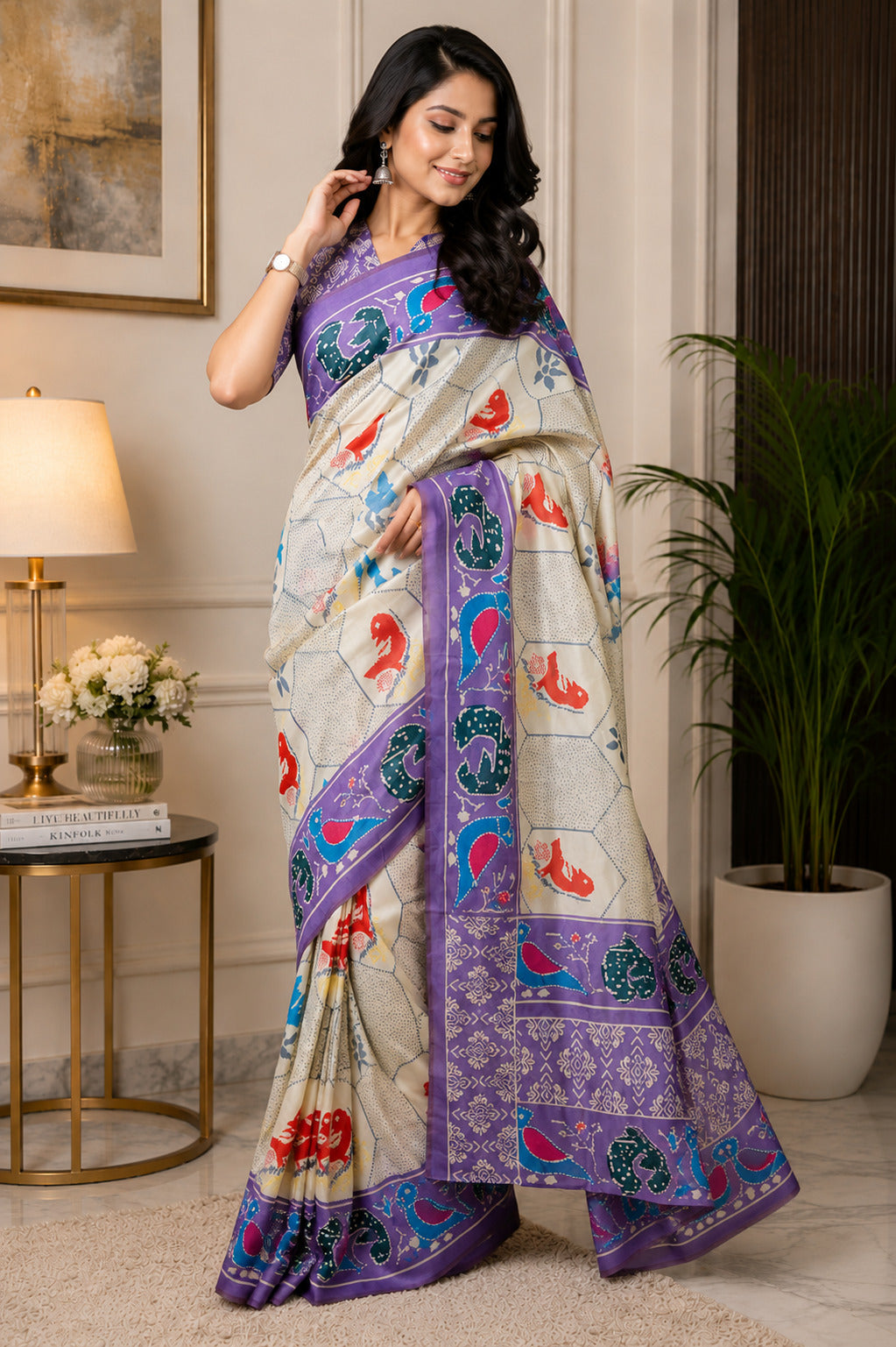 Off-White printed Chanderi cotton ready-to-wear saree with matching blouse material