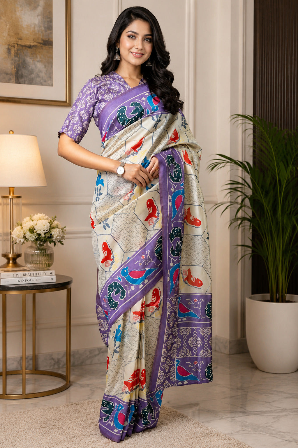 Off-White Printed Chanderi Cotton Ready-to-Wear Saree with Blouse Piece