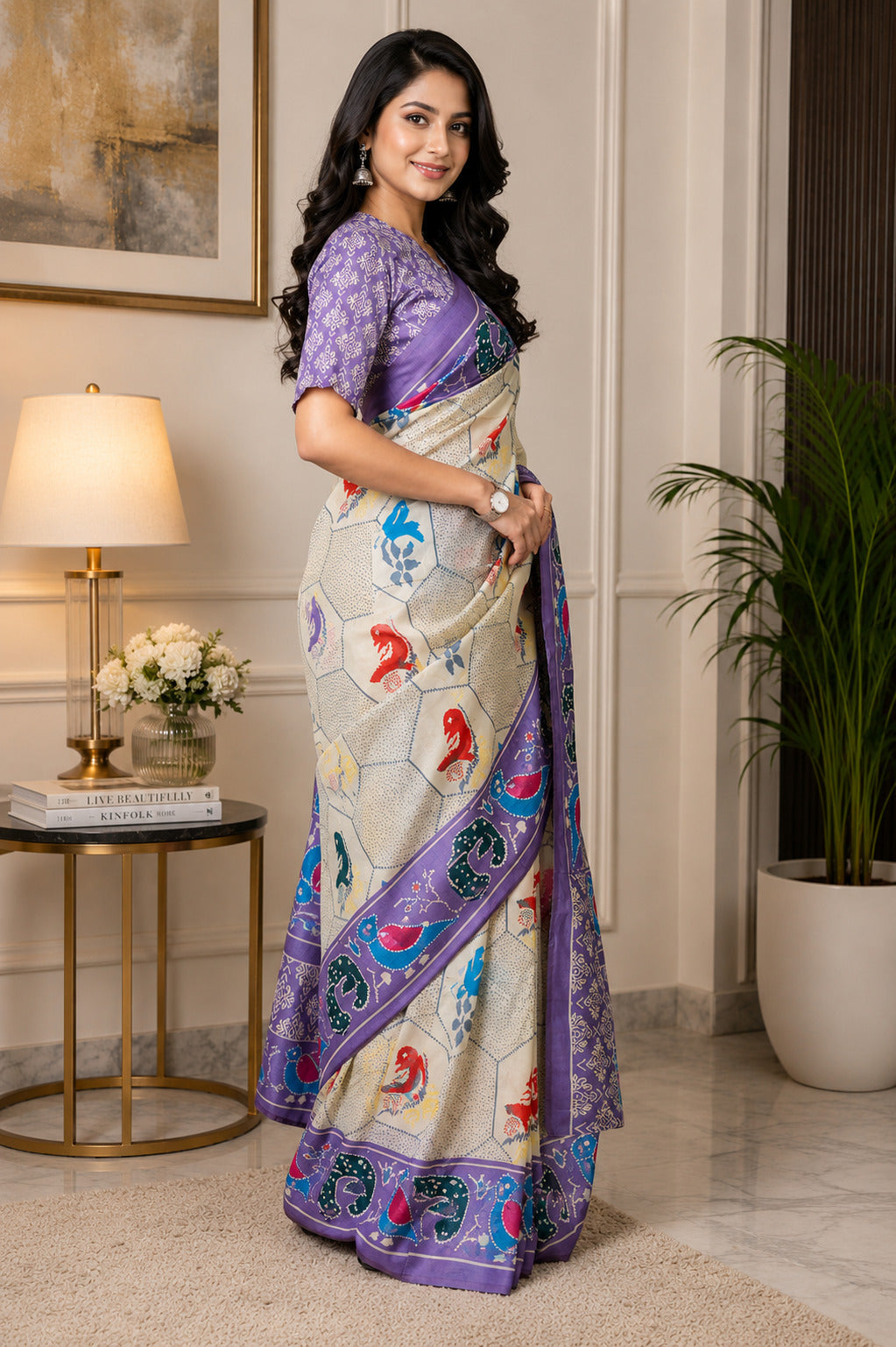 Off-White Printed Chanderi Cotton Ready-to-Wear Saree with Blouse Piece