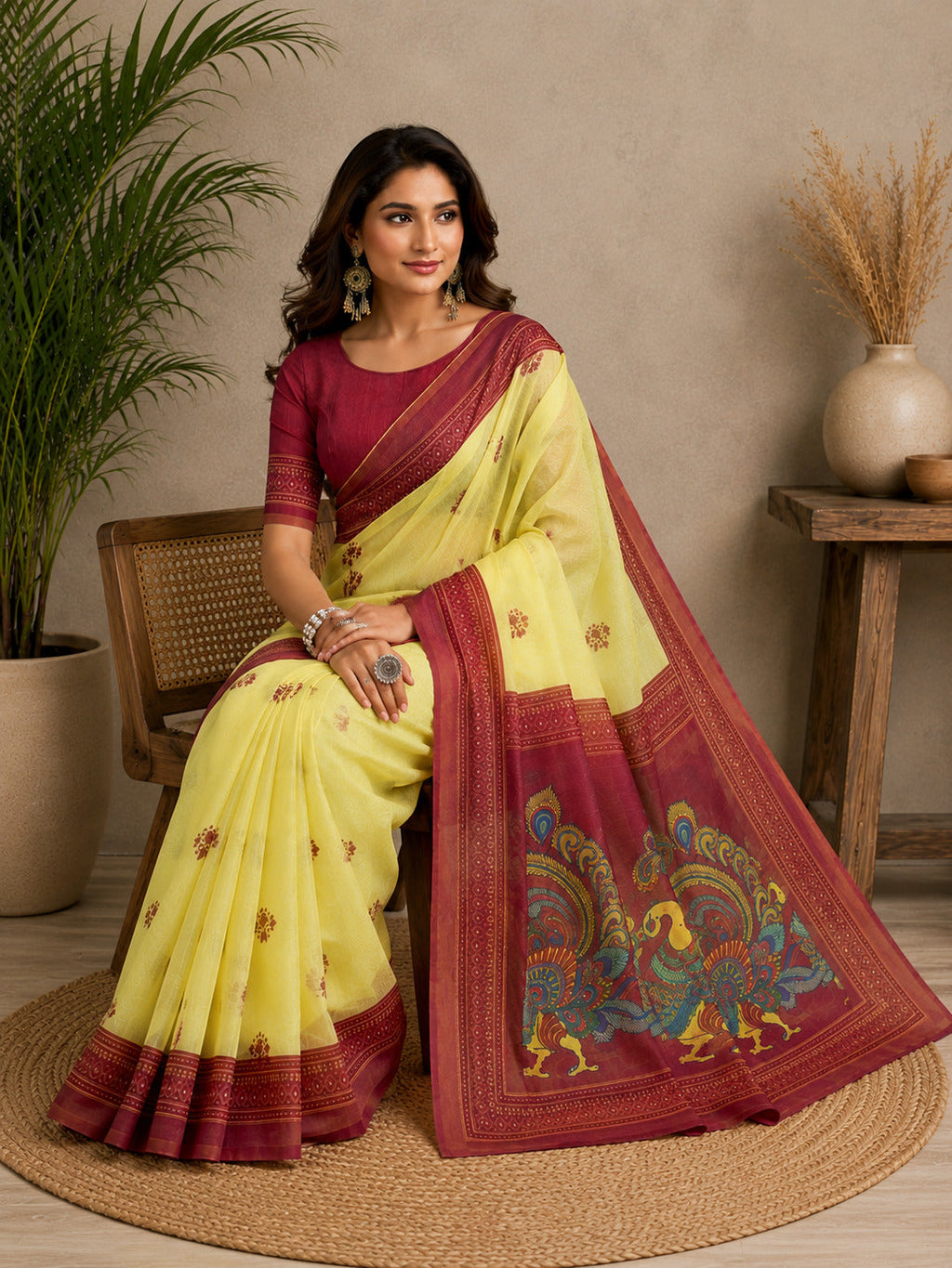 Yellow Printed Ready-to-Wear Chanderi Cotton Party Saree