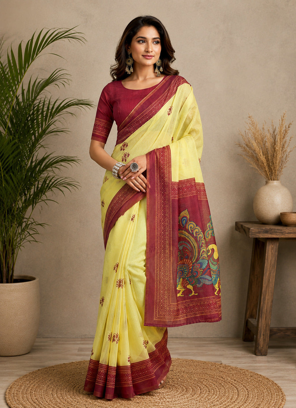 Yellow printed Chanderi Cotton ready-to-wear saree with unstitched blouse