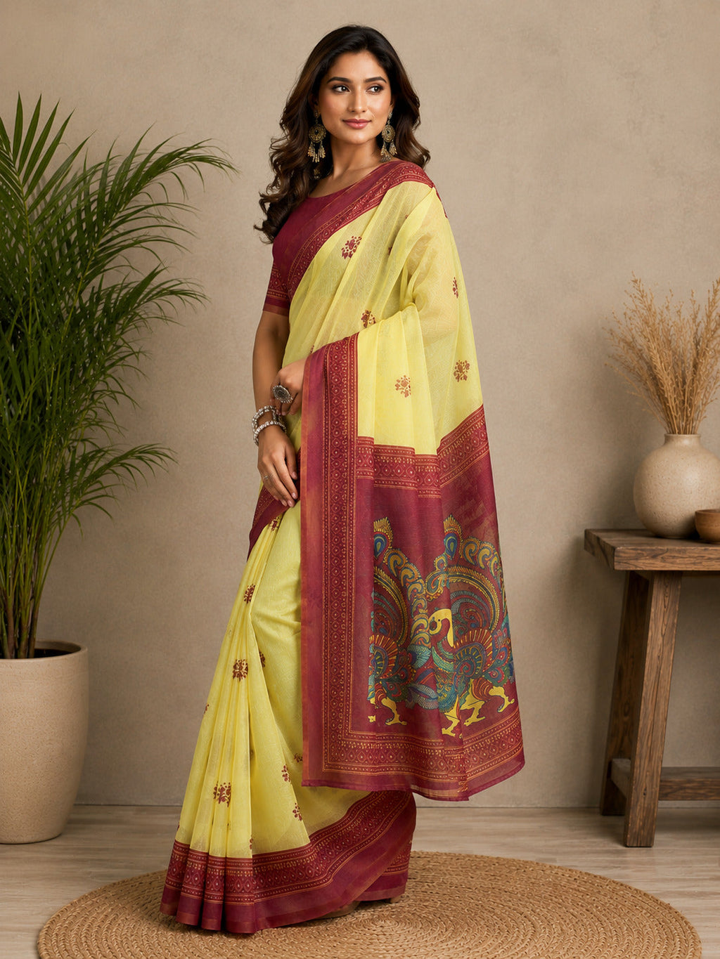 Yellow Printed Ready-to-Wear Chanderi Cotton Party Saree