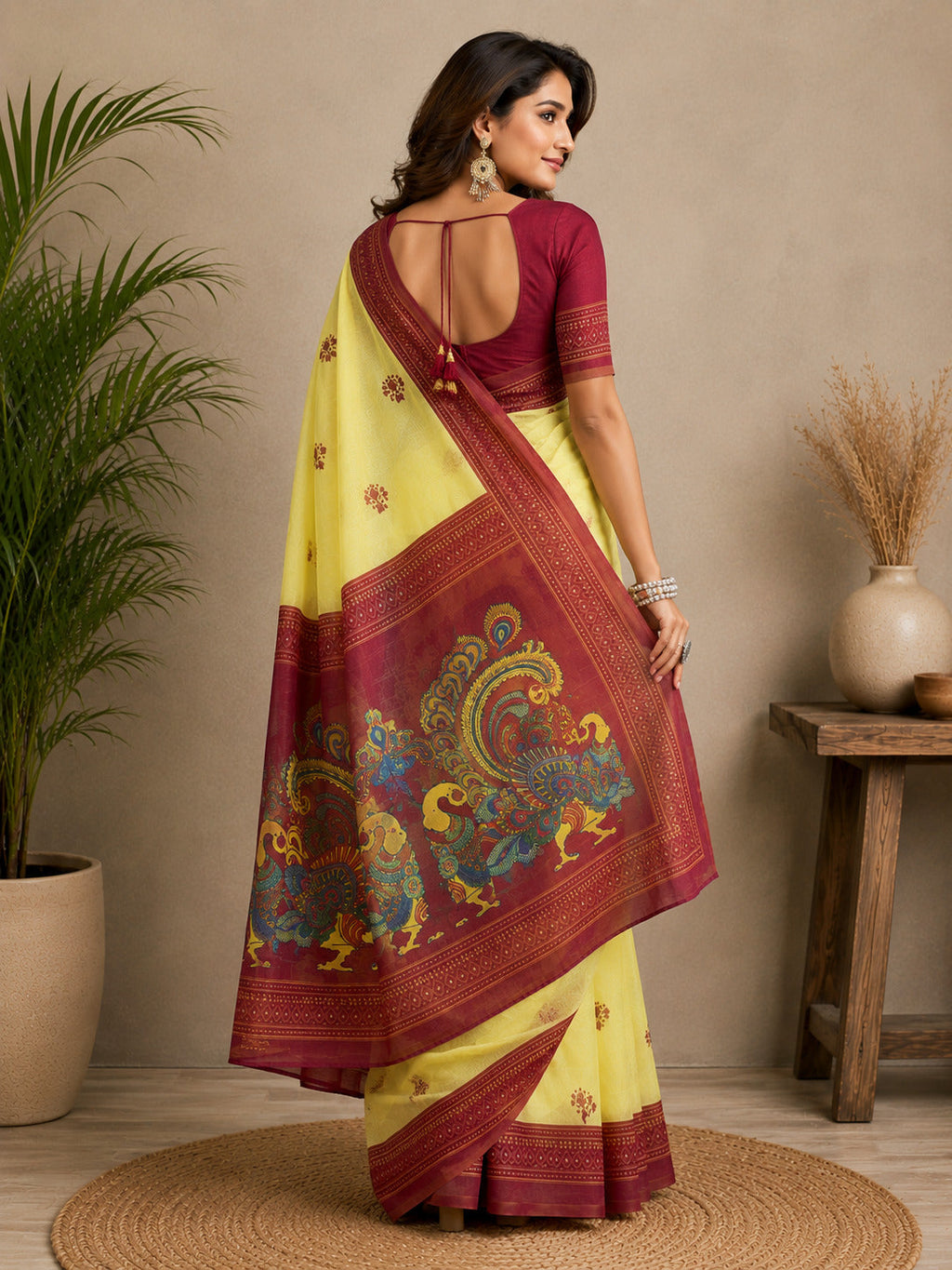 Yellow Printed Ready-to-Wear Chanderi Cotton Party Saree