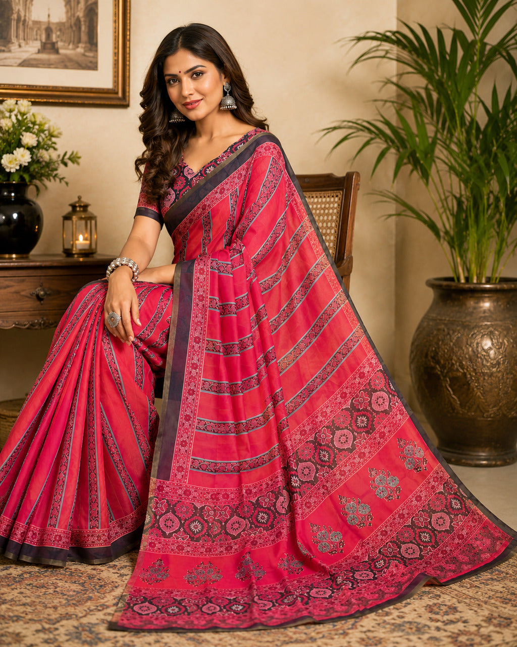 Pink Printed Chanderi Cotton Ready-to-Wear Saree with Blouse