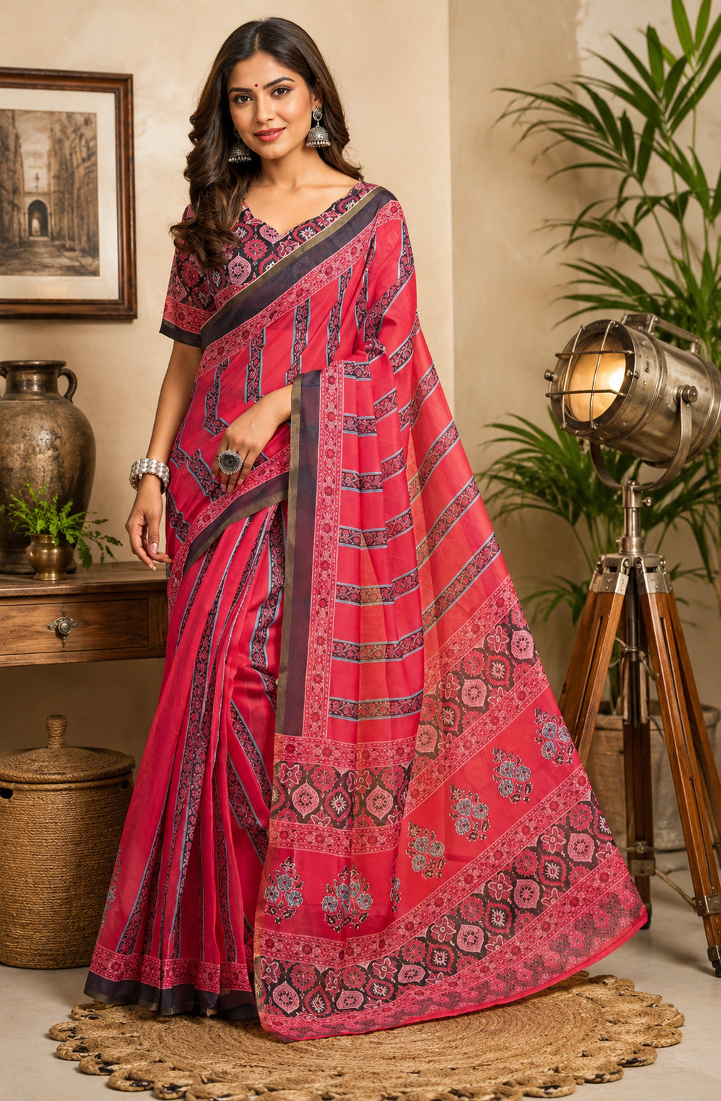 Pink printed Chanderi cotton ready-to-wear saree with unstitched blouse