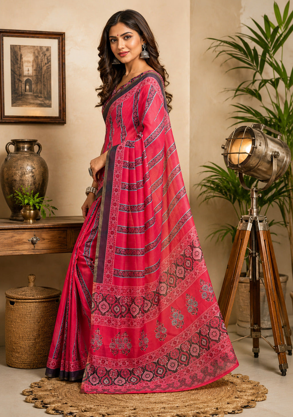 Pink Printed Chanderi Cotton Ready-to-Wear Saree with Blouse