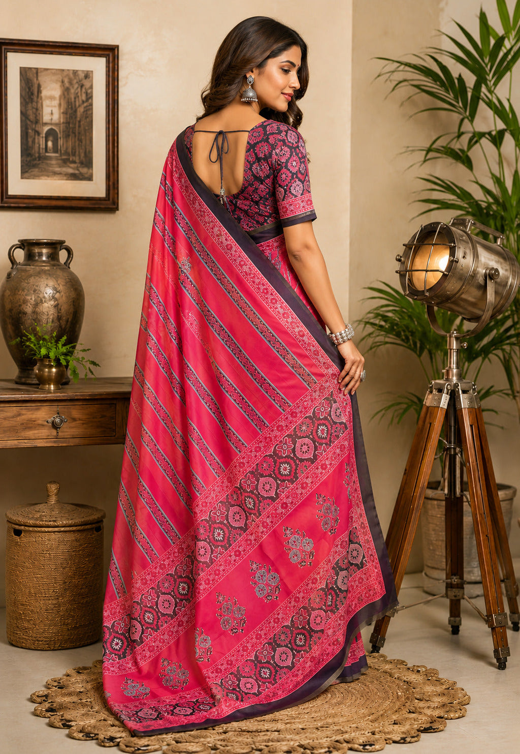 Pink Printed Chanderi Cotton Ready-to-Wear Saree with Blouse