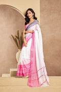 White Printed Linen Ready-to-Wear Saree with Unstitched Blouse