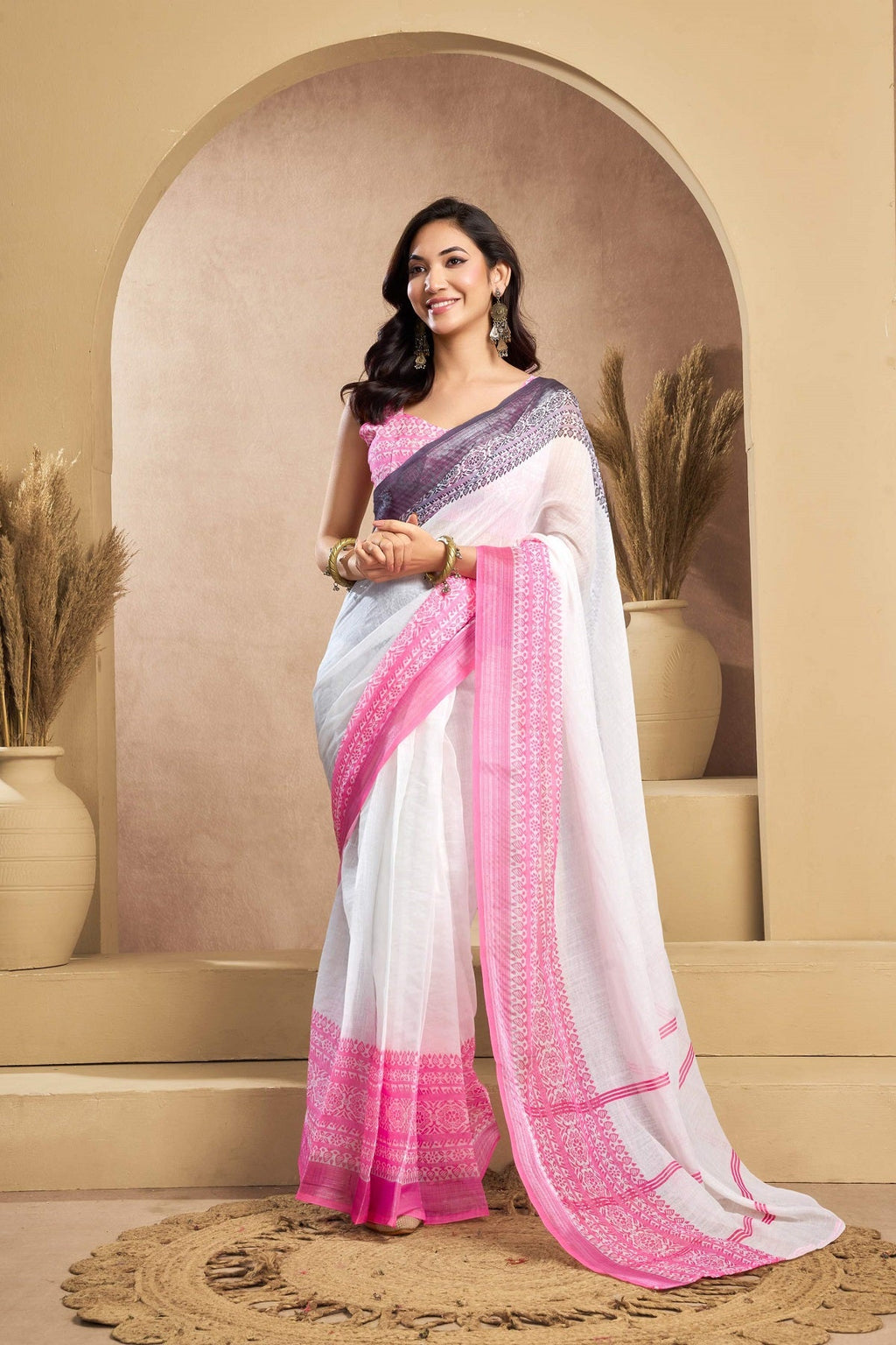 White printed linen ready-to-wear saree with unstitched blouse piece