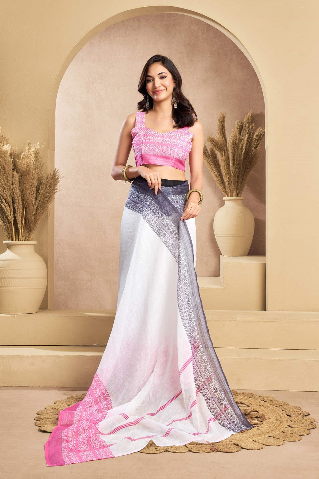 White Printed Linen Ready-to-Wear Saree with Unstitched Blouse