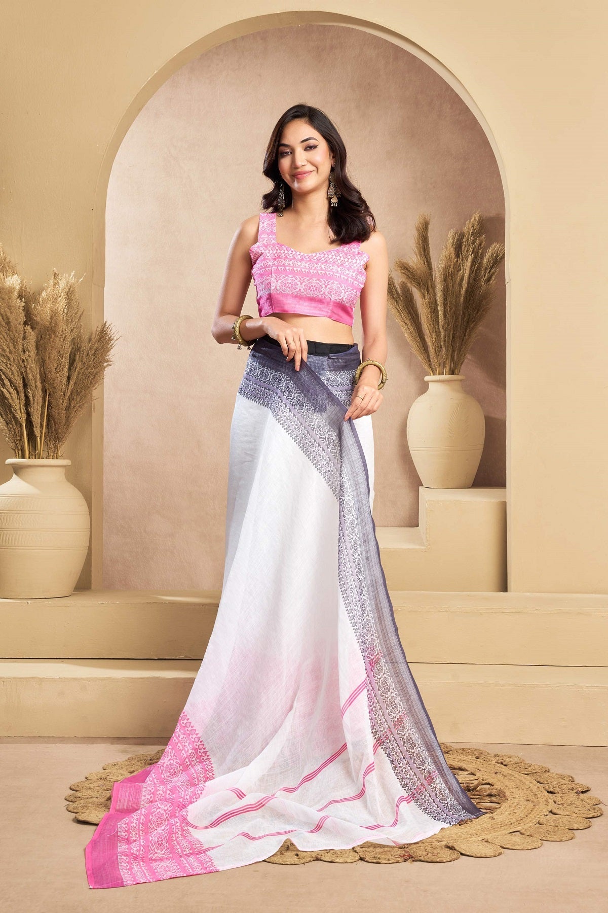 White Printed Linen Ready-to-Wear Saree with Unstitched Blouse