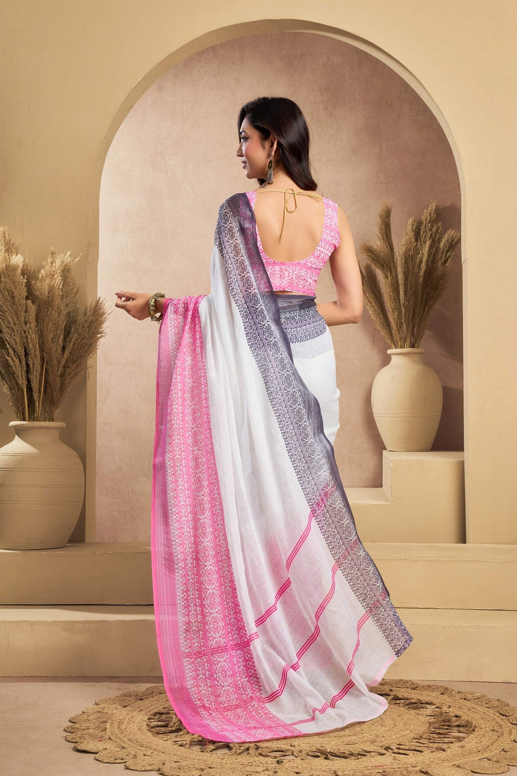 White Printed Linen Ready-to-Wear Saree with Unstitched Blouse