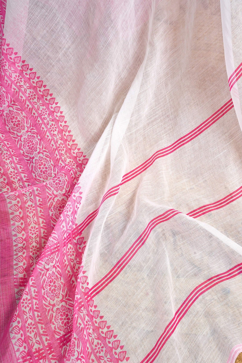 White Printed Linen Ready-to-Wear Saree with Unstitched Blouse