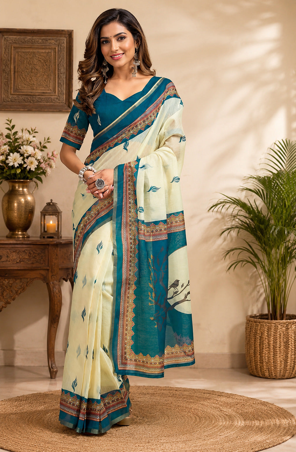 Off-white printed Chanderi cotton ready-to-wear saree with unstitched blouse
