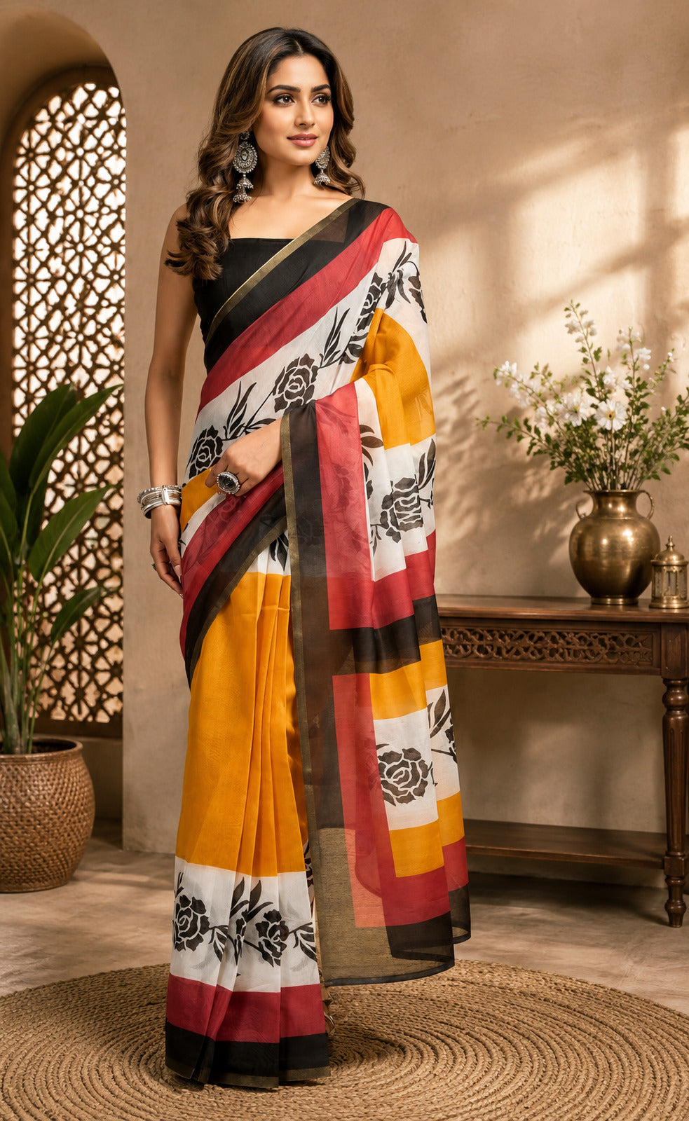 Multicolor printed linen ready-to-wear saree for parties