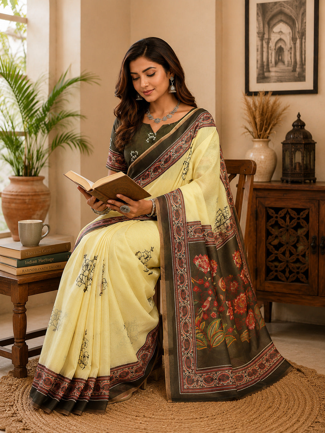 Lemon Yellow Printed Chanderi Saree with Unstitched Blouse