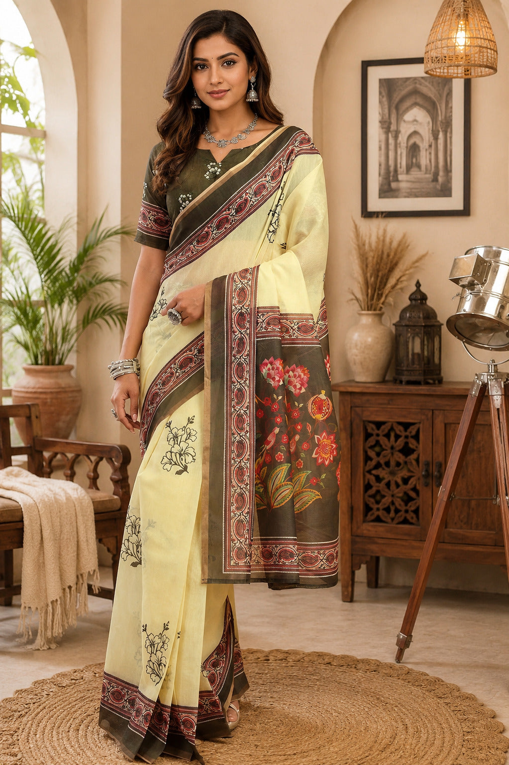 Lemon yellow printed Chanderi ready-to-wear saree