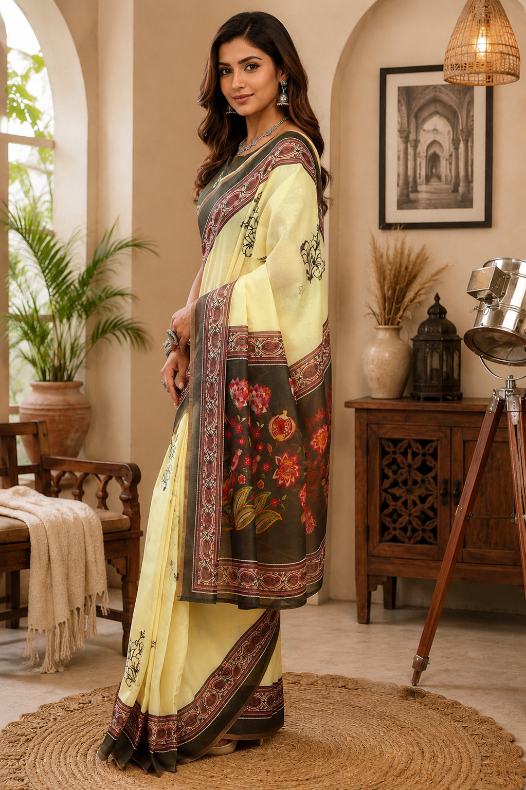 Lemon Yellow Printed Chanderi Saree with Unstitched Blouse